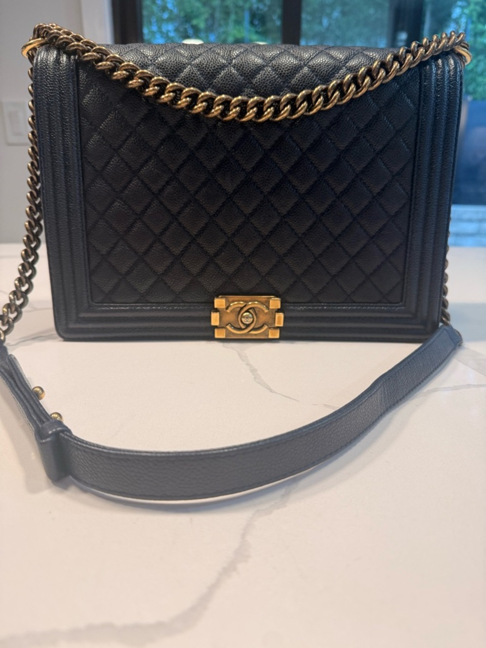 Chanel Boy Quilted Leather Boy Bag in Navy with Gold Hardware